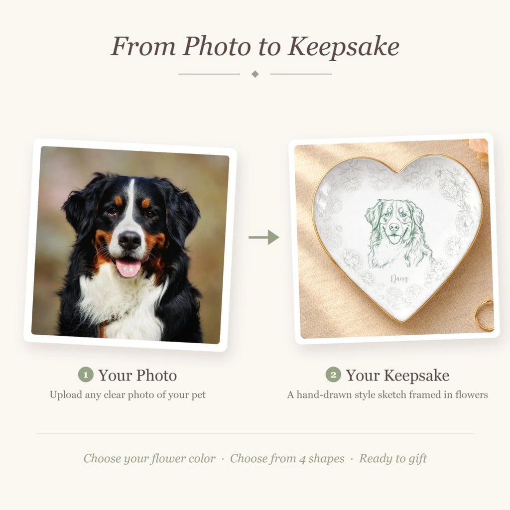 Before and after: pet photo turned into a personalized pet sketch ring dish framed in peony flowers