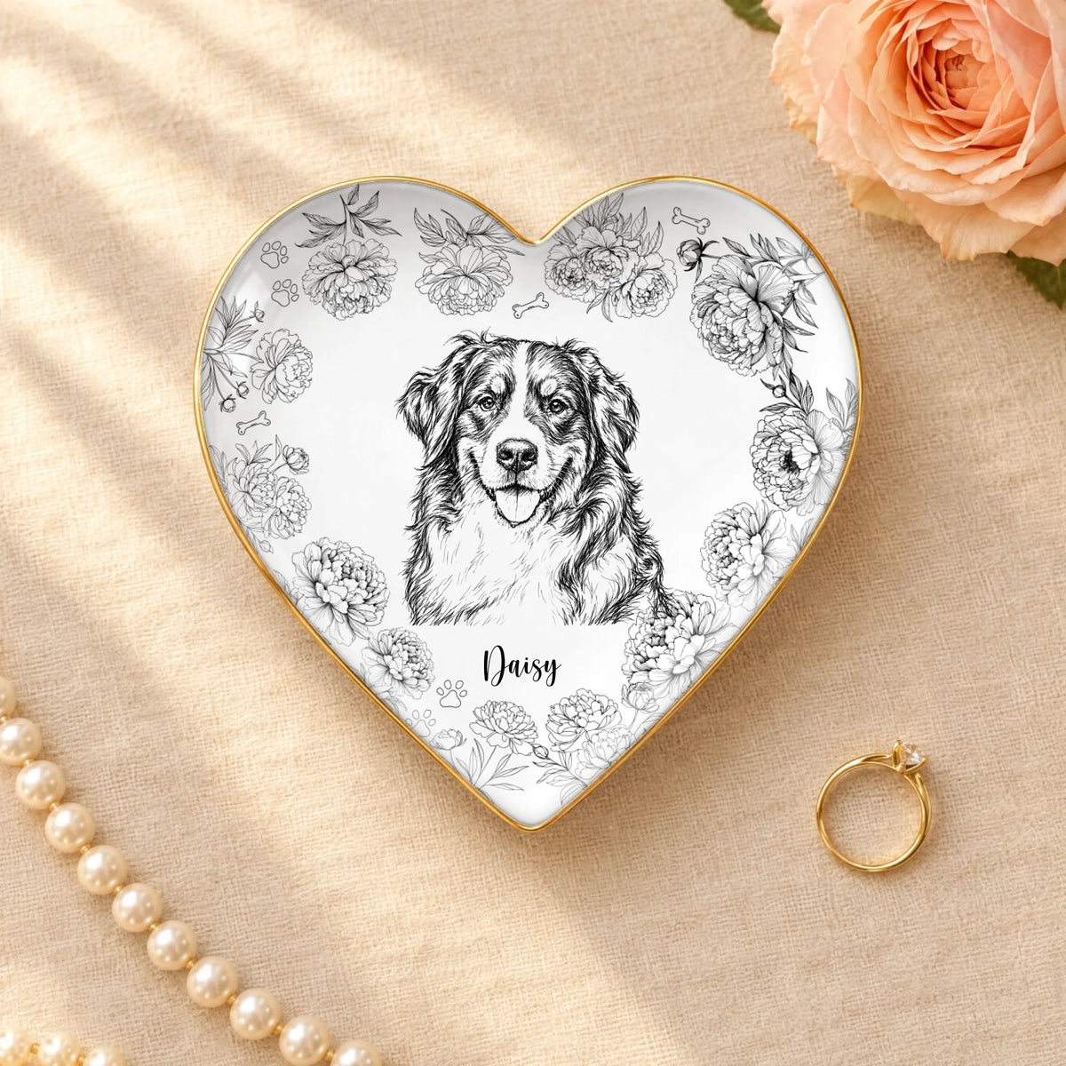 Personalized pet sketch with peony flower frame on a heart ceramic ring dish with gold rim