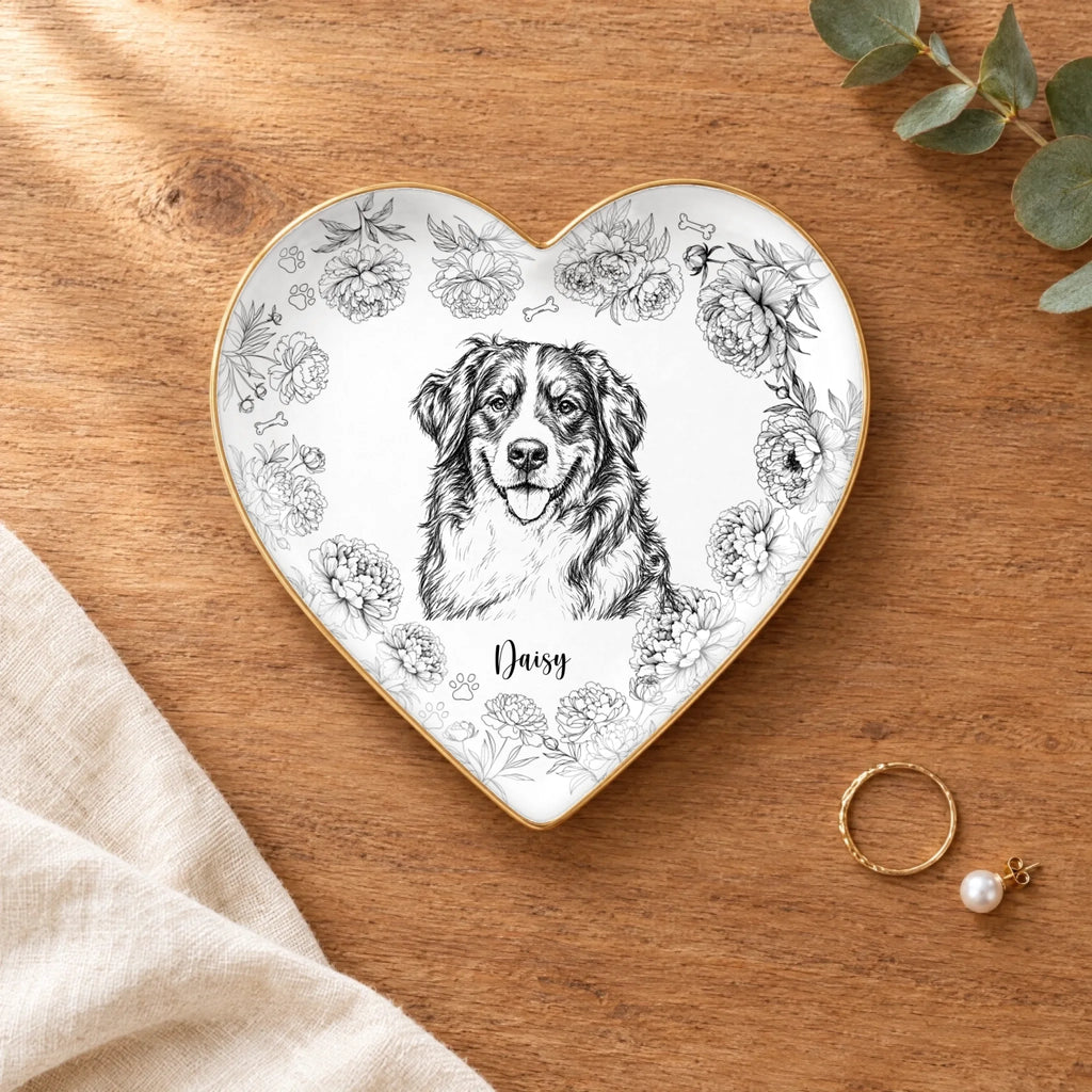 Heart floral pet sketch ring dish styled on a wooden table with linen