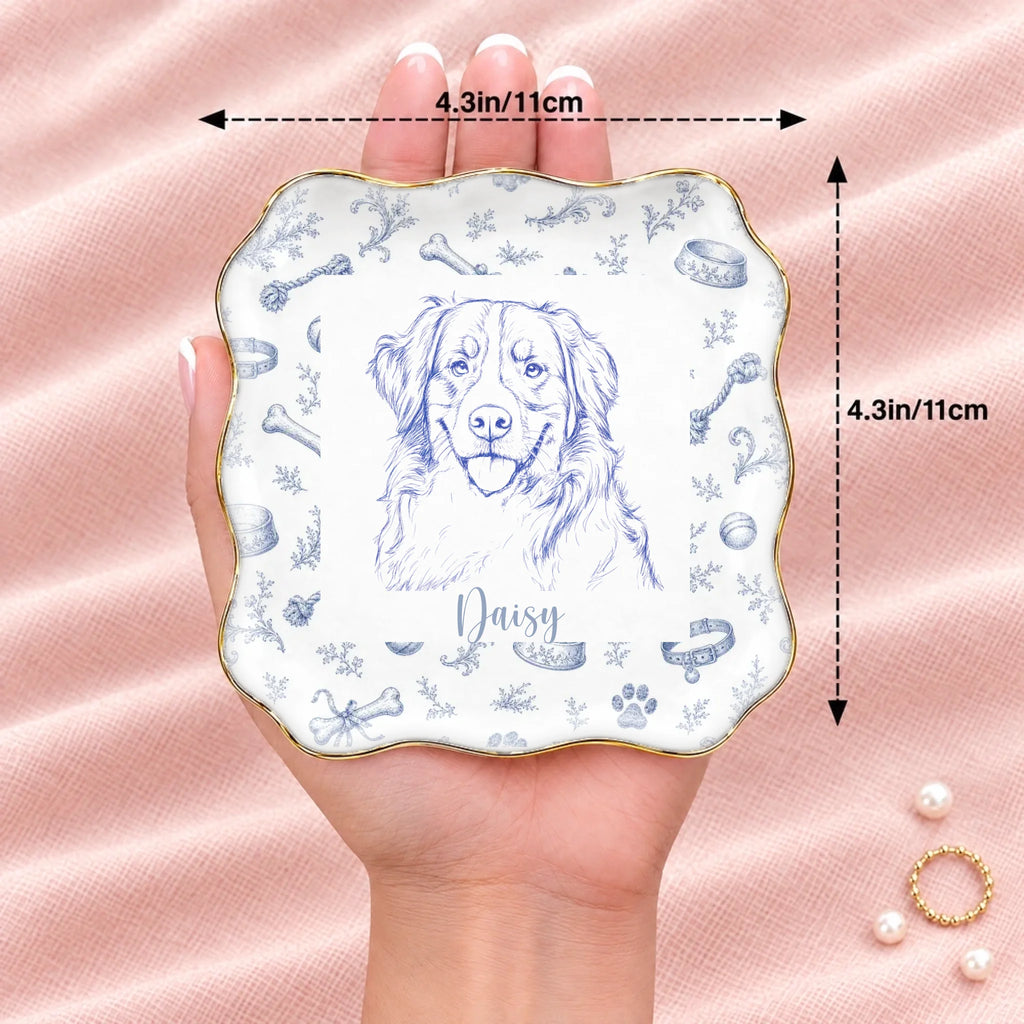 Hand holding a vintage sketch pet portrait wavy square ring dish, 4.1 inches across