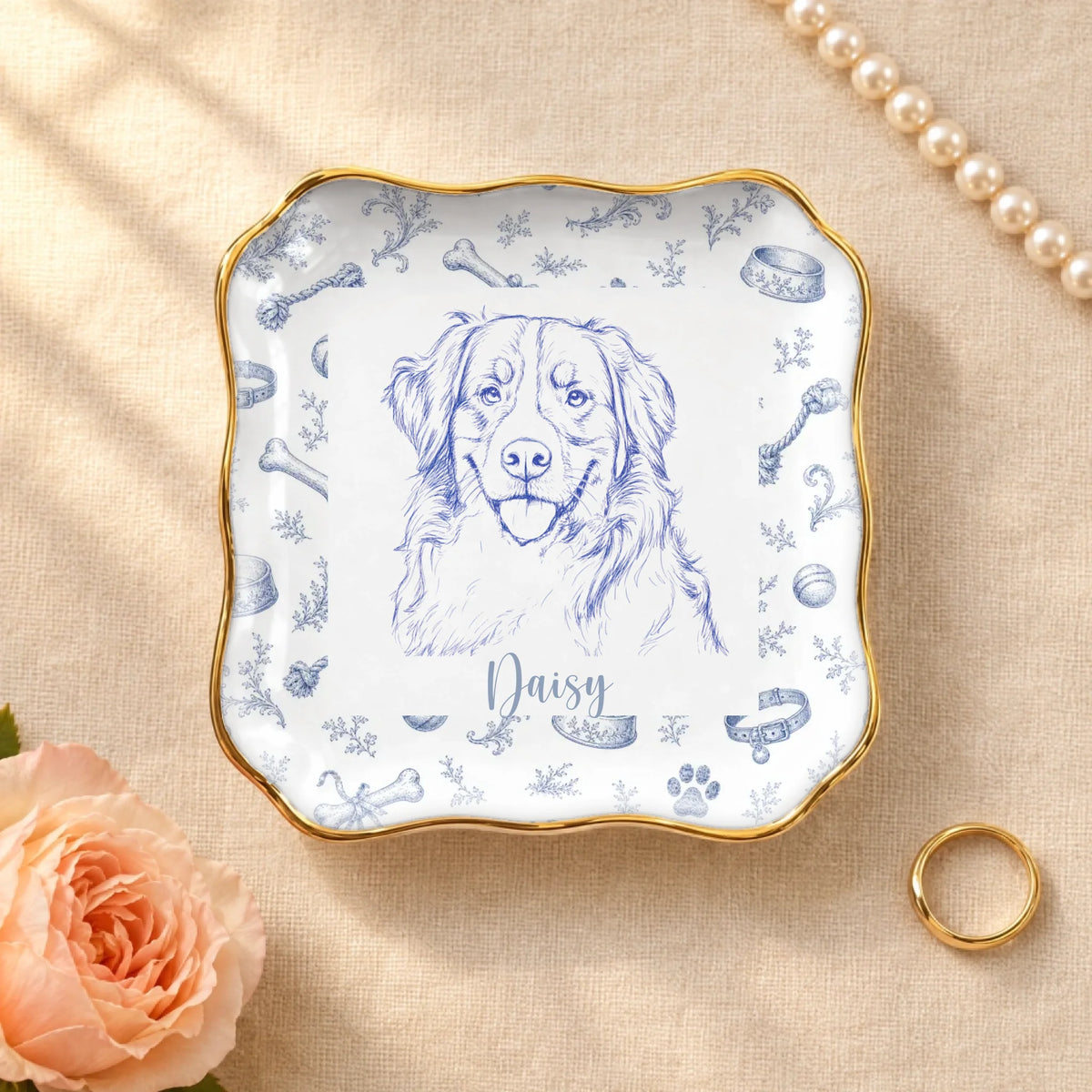 Personalized vintage sketch pet portrait wavy square ceramic ring dish with gold rim