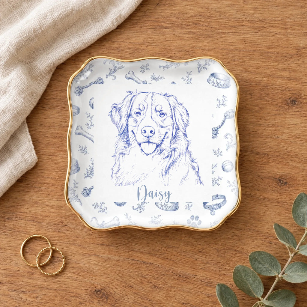 Vintage sketch pet portrait wavy square ring dish on a wooden table with linen and eucalyptus