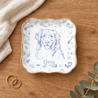 Vintage sketch pet portrait wavy square ring dish on a wooden table with linen and eucalyptus
