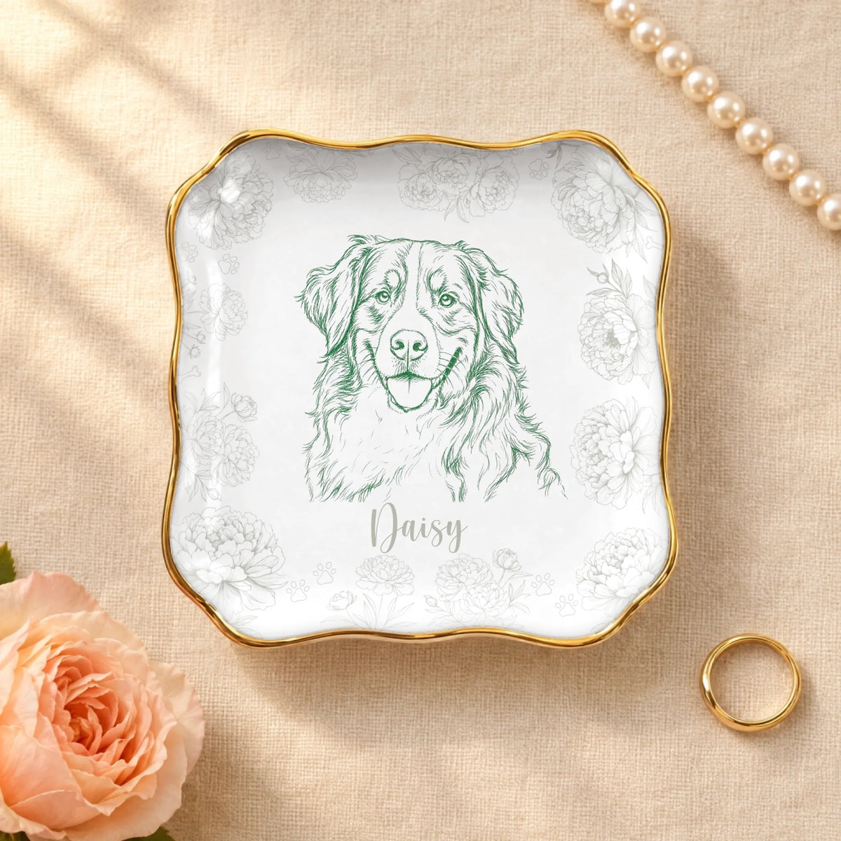 Personalized pet sketch with peony flower frame on a wavy square ceramic ring dish with gold rim