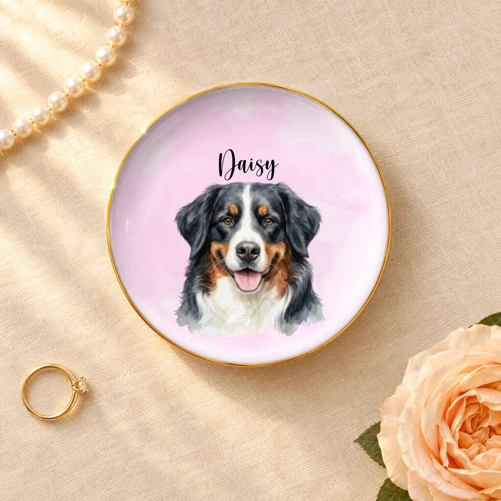 Personalized watercolor pet portrait round ceramic ring dish with gold rim