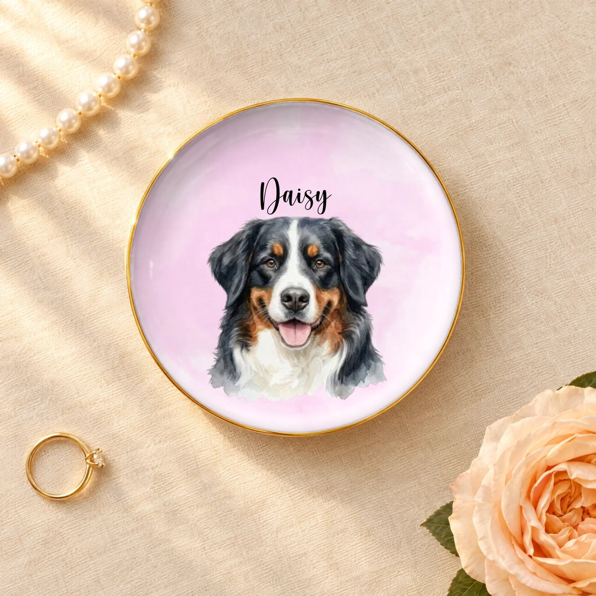 Personalized watercolor pet portrait round ceramic ring dish with gold rim