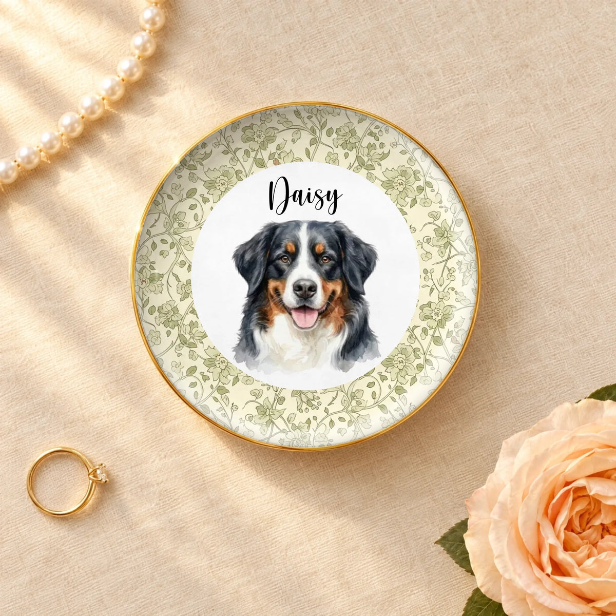 Personalized watercolor pet portrait round ceramic ring dish with gold rim