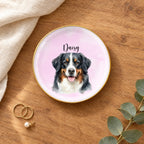 Personalized watercolor pet portrait round ring dish on a wooden table with linen, eucalyptus and gold rings
