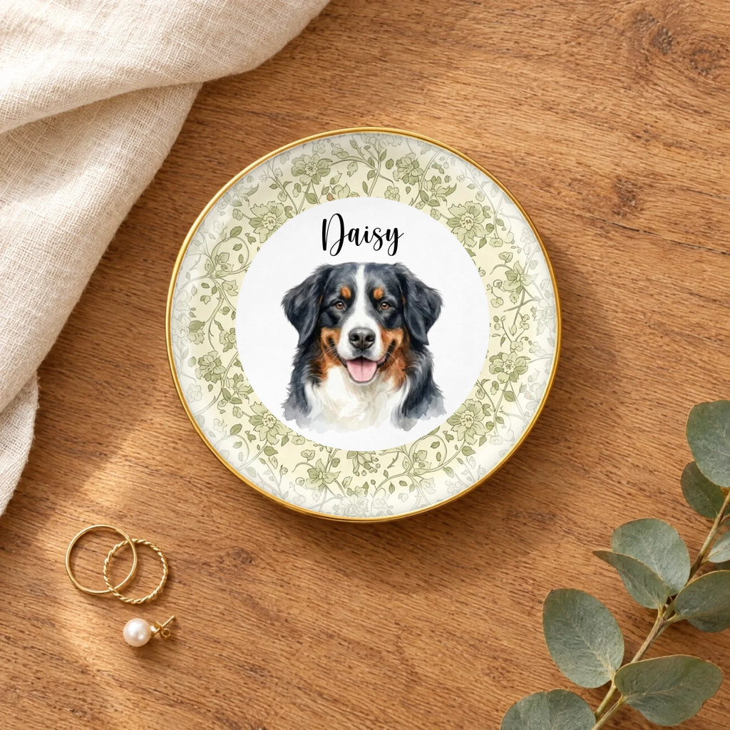 Personalized floral watercolor pet portrait round ring dish on a wooden table with linen and eucalyptus
