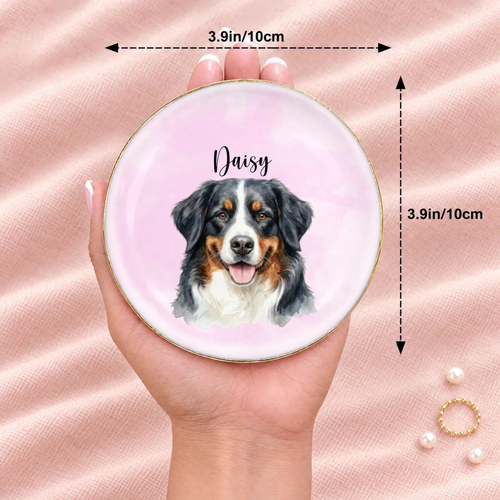 Hand holding a personalized pet portrait round ring dish, 3.9 inches across