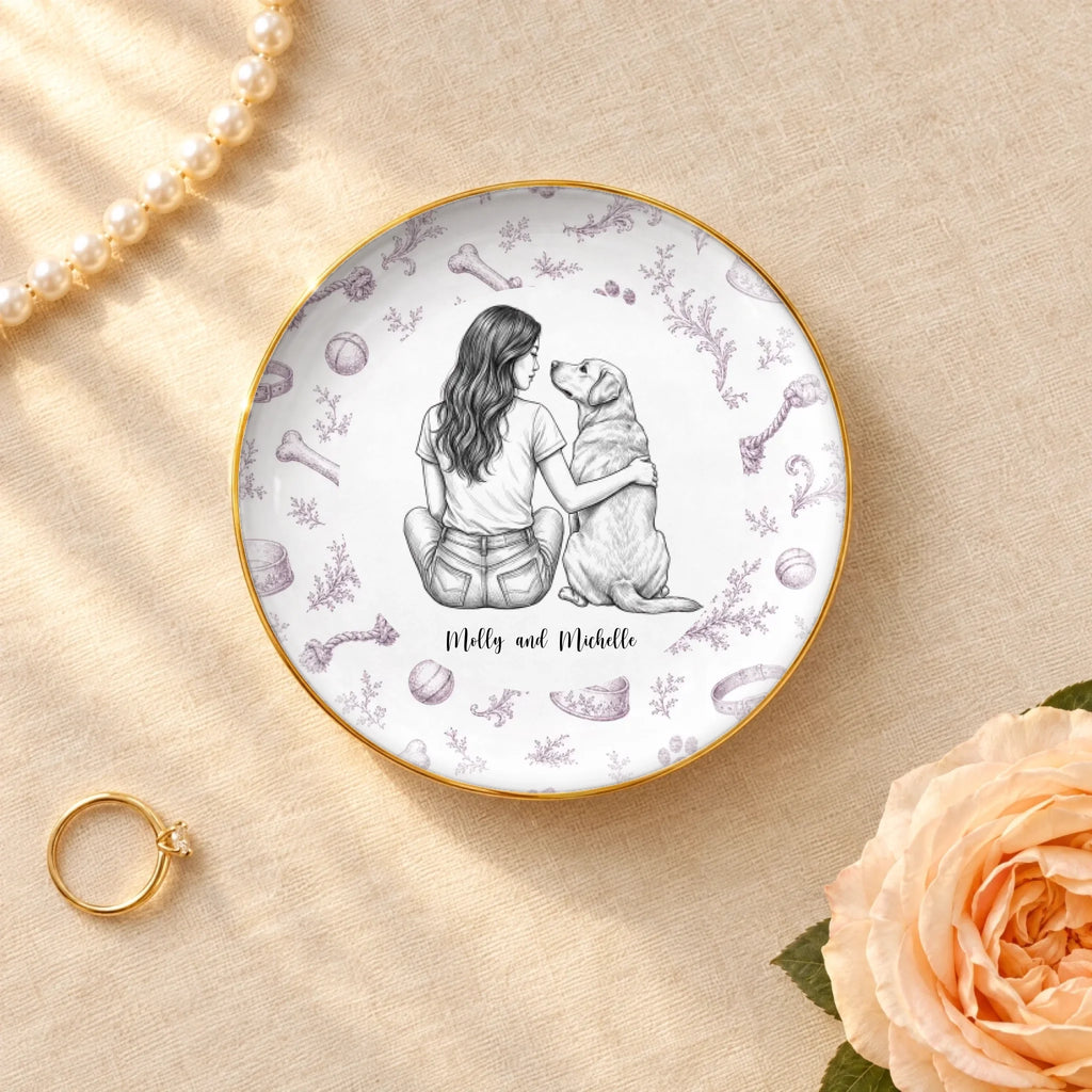 Personalized vintage sketch of a person and their dog on a round ceramic ring dish with gold rim