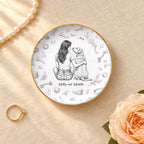 Personalized vintage sketch of a person and their dog on a round ceramic ring dish with gold rim