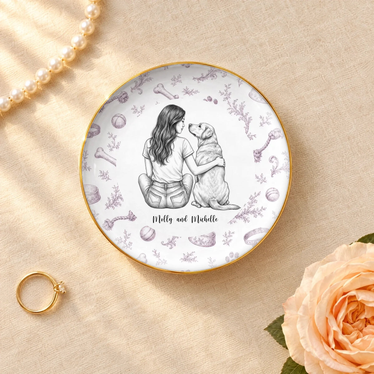 Personalized vintage sketch of a person and their dog on a round ceramic ring dish with gold rim