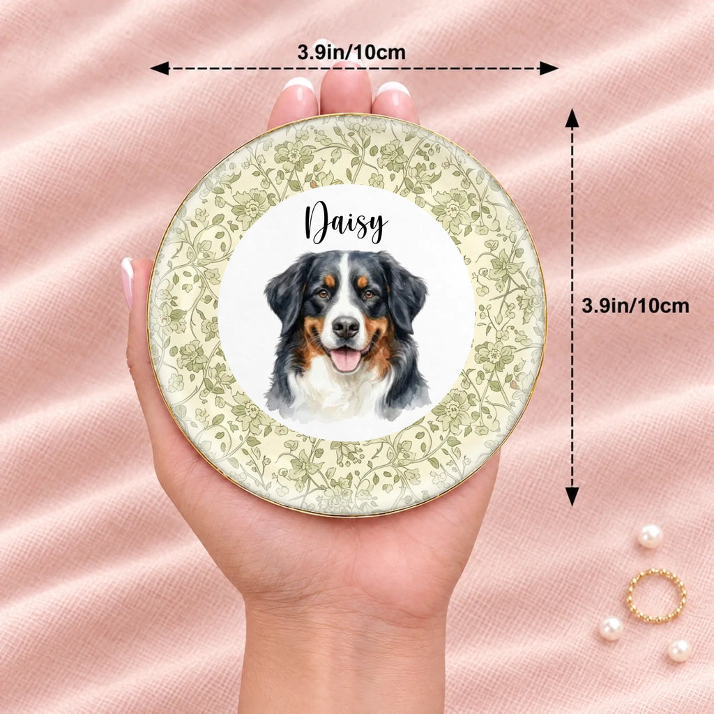 Hand holding a personalized floral pet portrait round ring dish, 3.9 inches across