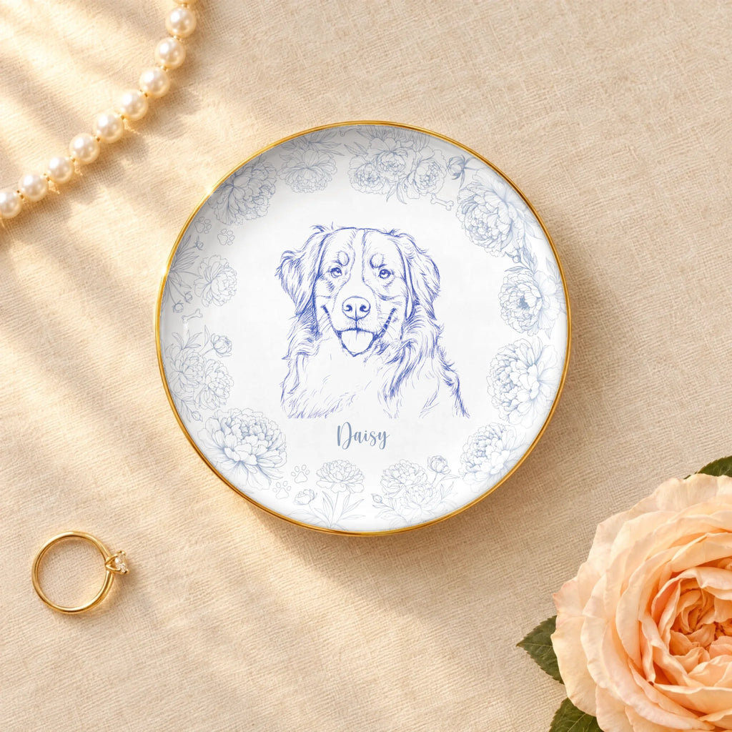 Personalized pet sketch with peony flower frame on a round ceramic ring dish with gold rim