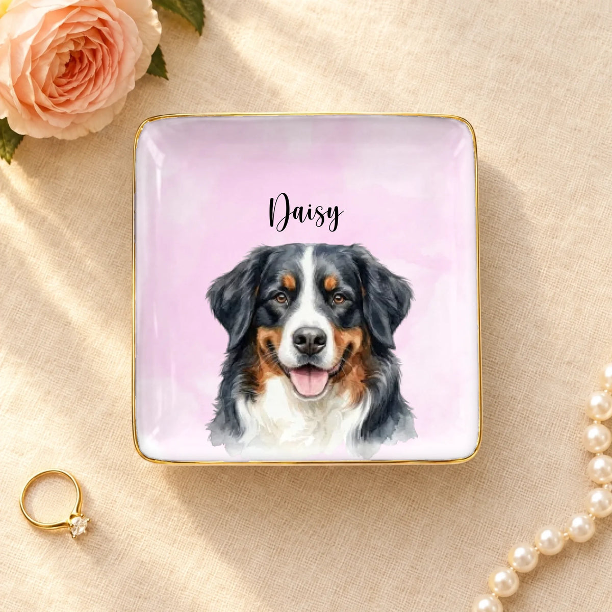 Personalized watercolor pet portrait square ceramic ring dish with gold rim
