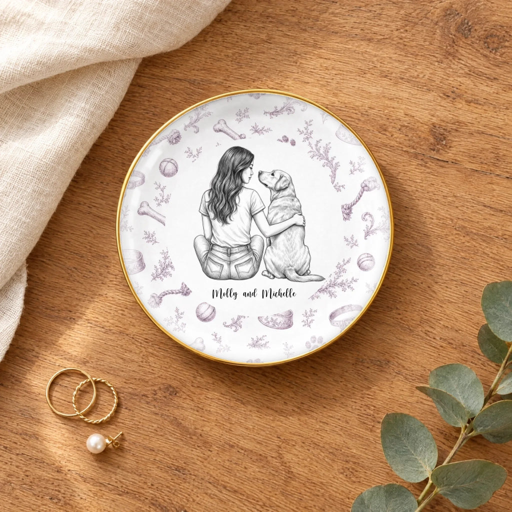 Vintage sketch person and pet round ring dish on a wooden table with linen and eucalyptus