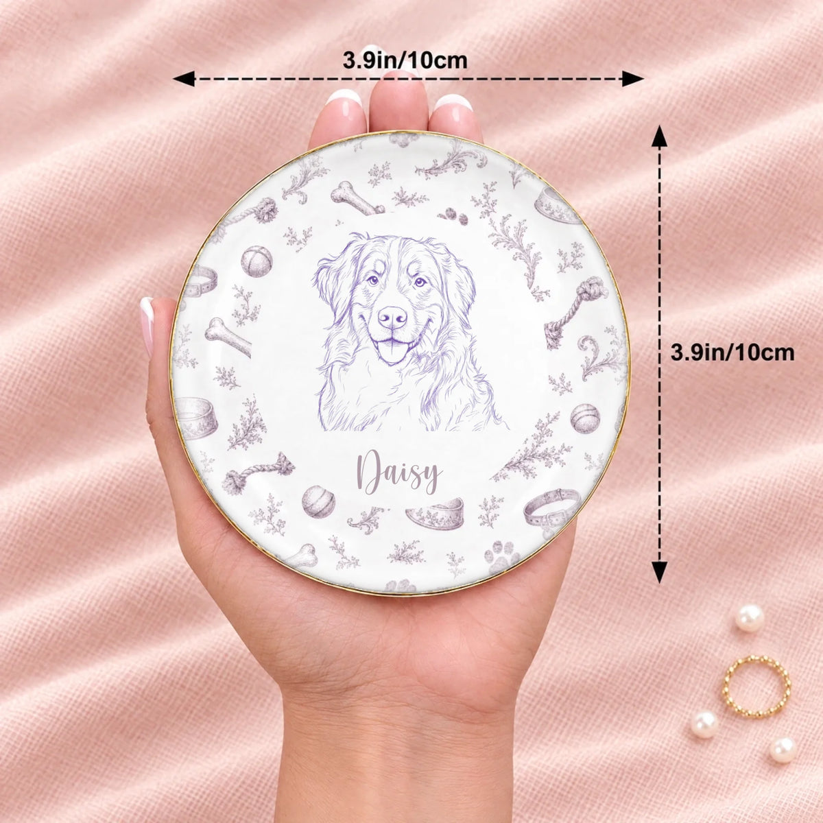 Hand holding a vintage sketch pet portrait round ring dish, 3.9 inches across