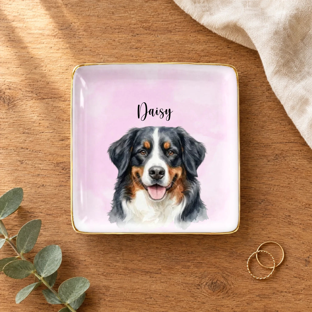 Personalized watercolor pet portrait square ring dish on a wooden table with linen, eucalyptus and gold rings