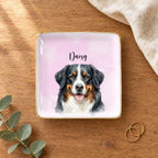 Personalized watercolor pet portrait square ring dish on a wooden table with linen, eucalyptus and gold rings