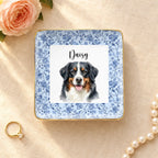 Personalized watercolor pet portrait square ceramic ring dish with gold rim