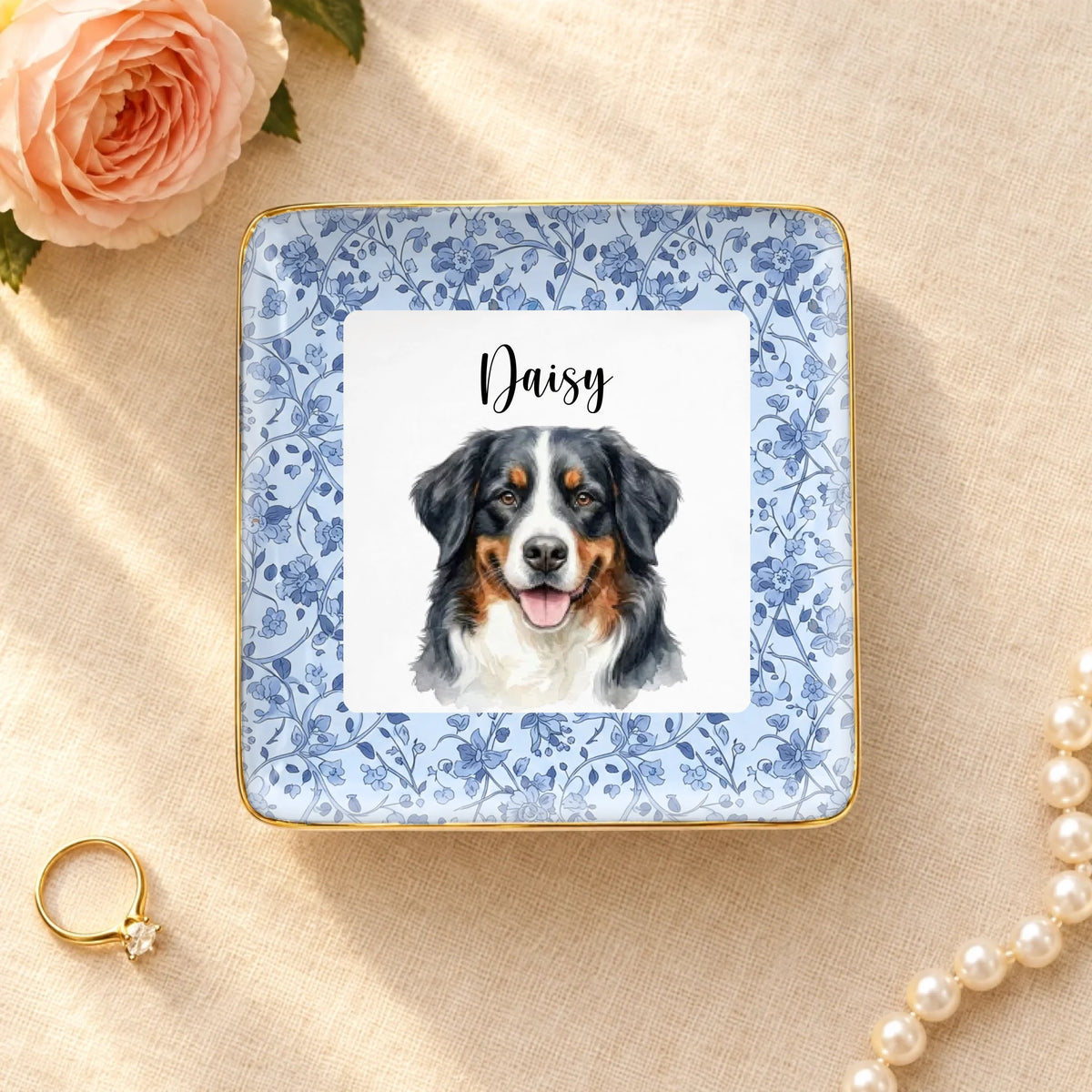 Personalized watercolor pet portrait square ceramic ring dish with gold rim