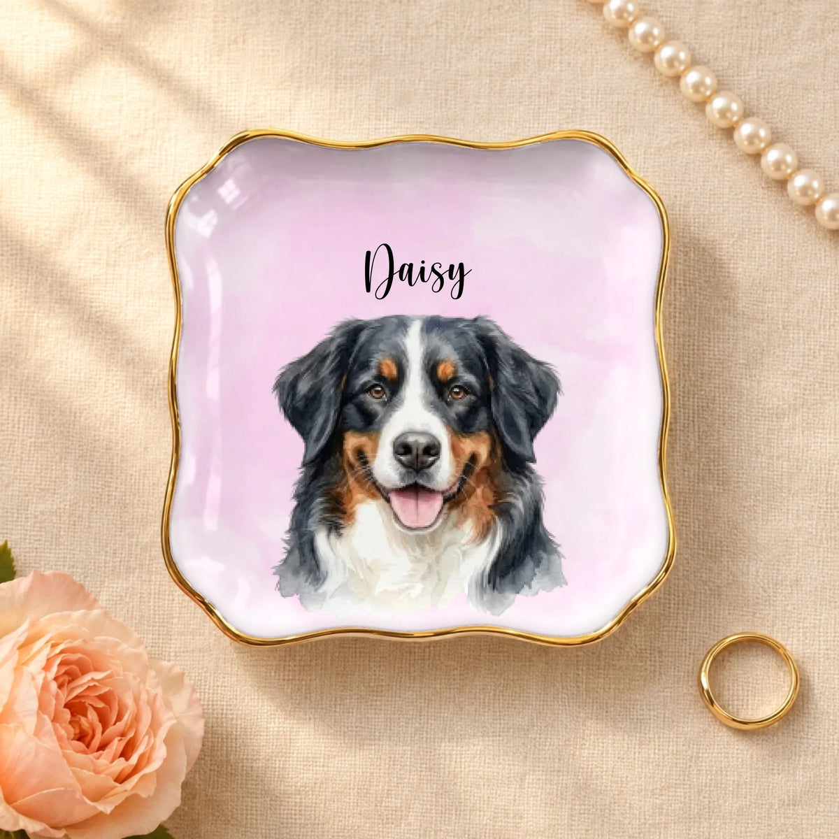 Personalized watercolor pet portrait wavy square ceramic ring dish with gold rim