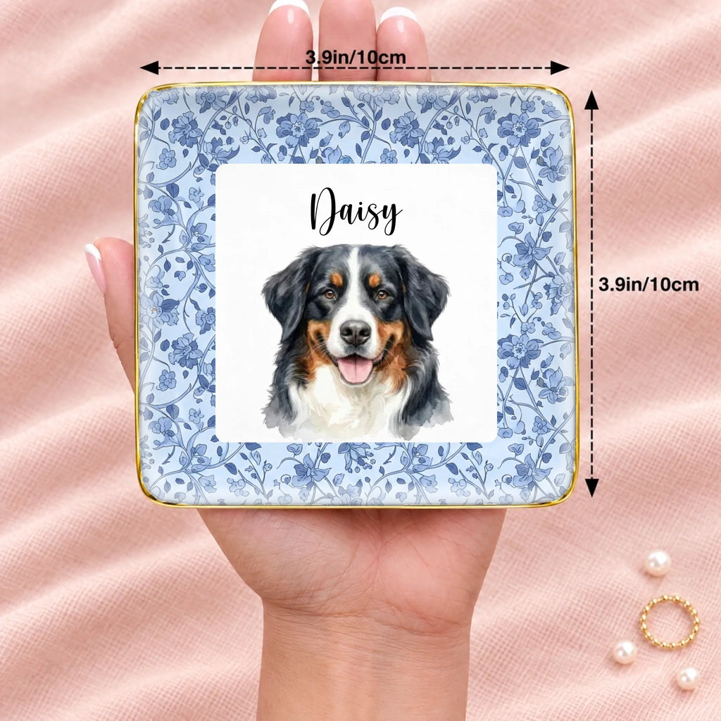 Personalized floral pet portrait square ring dish resting on an open hand, 3.9 inches across