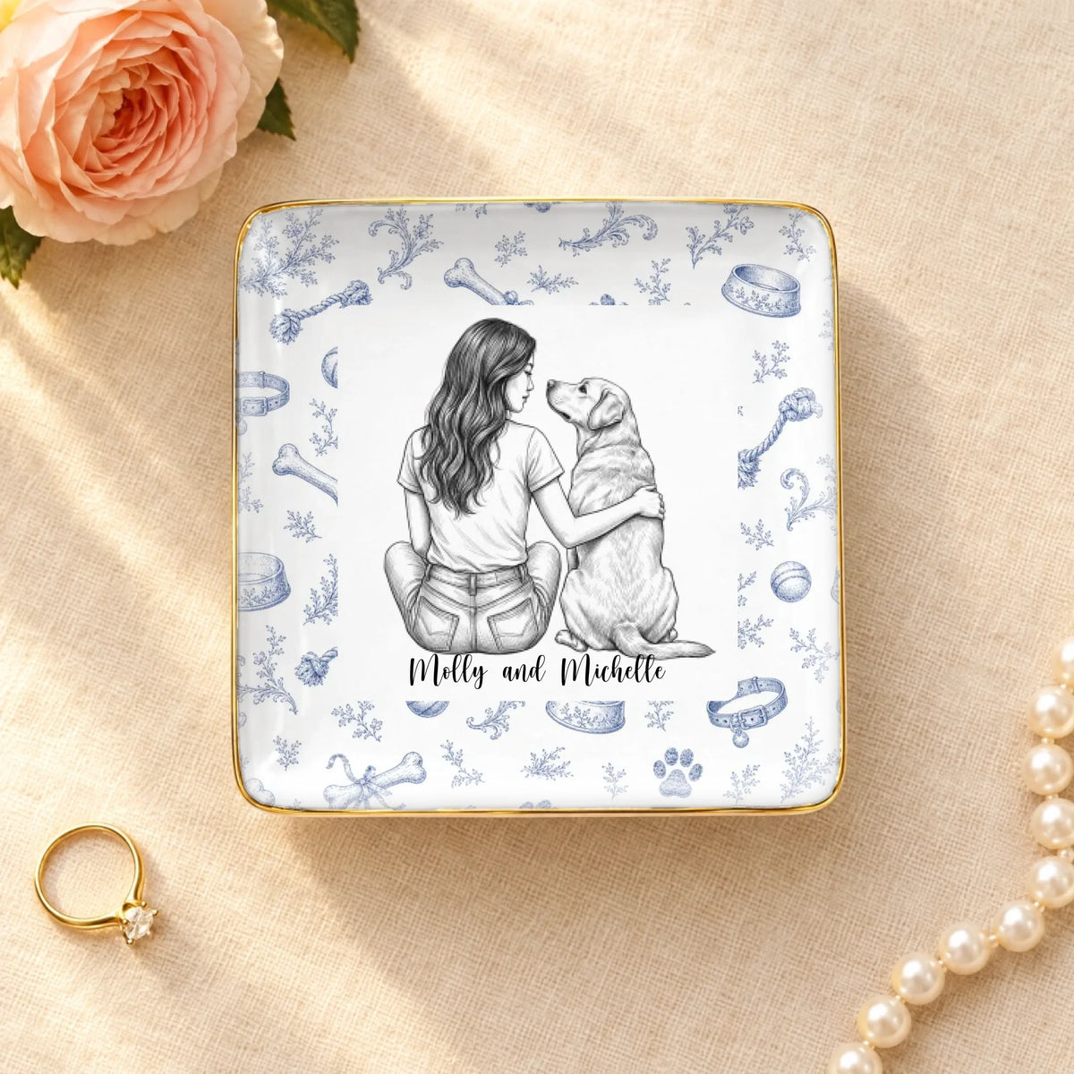 Personalized vintage sketch of a person and their dog on a square ceramic ring dish with gold rim