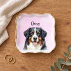 Personalized watercolor pet portrait wavy square ring dish on a wooden table with linen, eucalyptus and gold rings