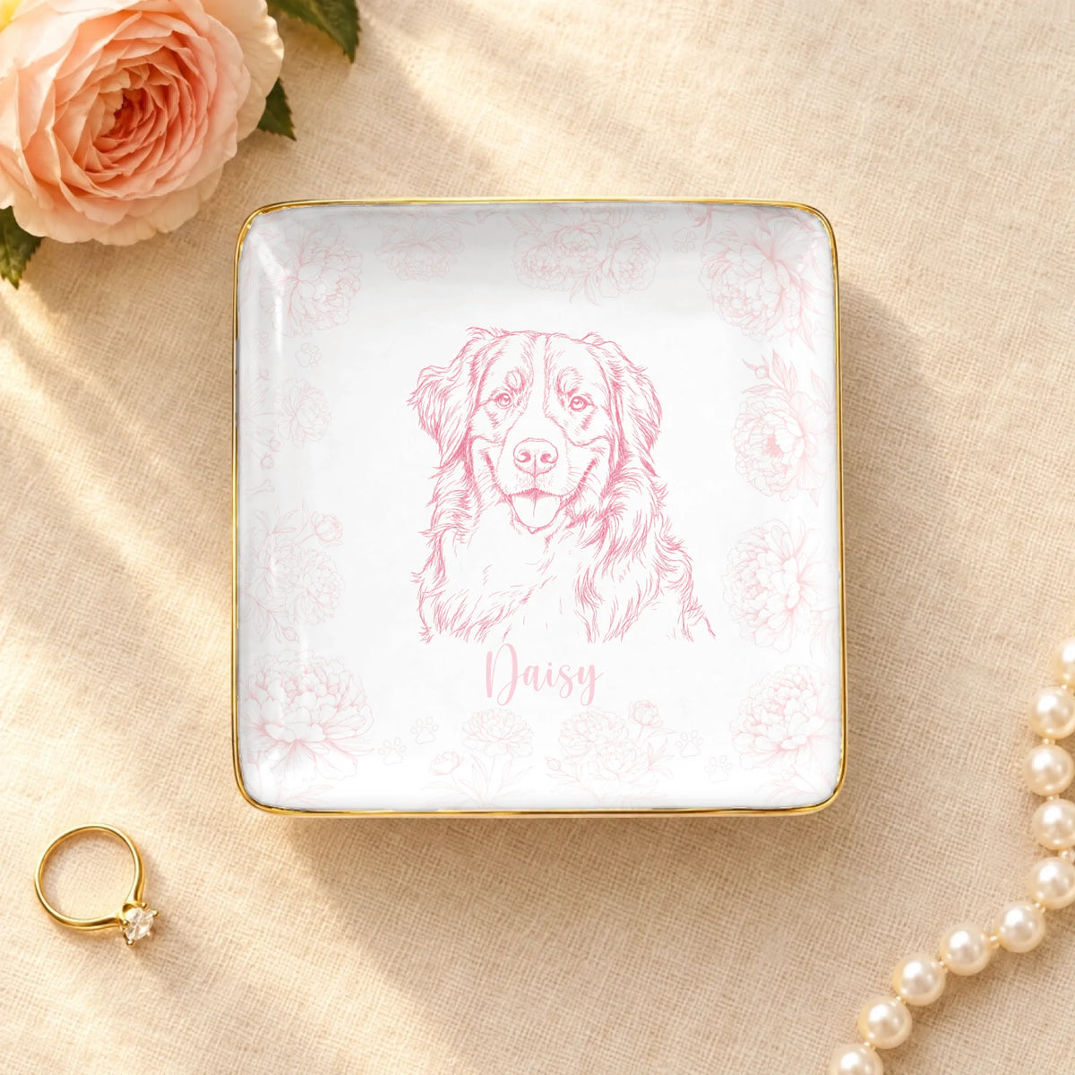 Personalized pet sketch with peony flower frame on a square ceramic ring dish with gold rim