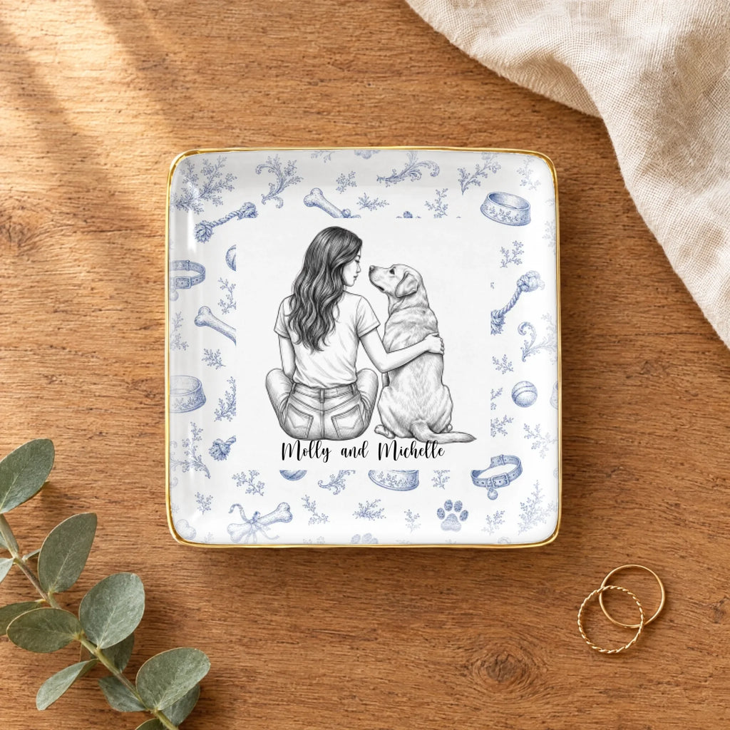 Vintage sketch person and pet square ring dish on a wooden table with linen and eucalyptus