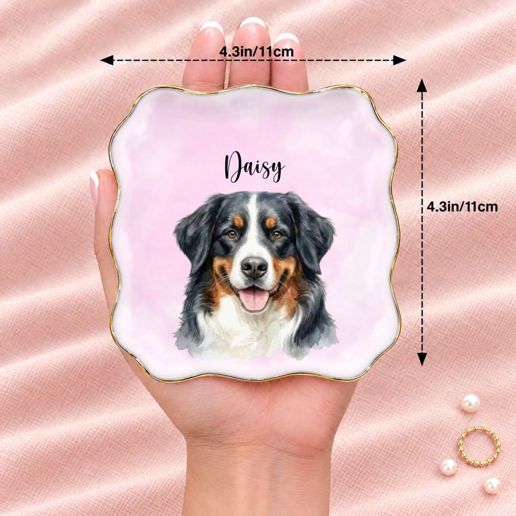 Hand holding a personalized pet portrait wavy square ring dish, 4.1 inches across