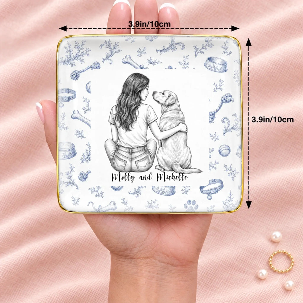 Vintage sketch person and pet square ring dish resting on an open hand, 3.9 inches across