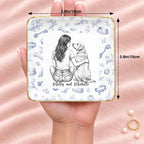 Vintage sketch person and pet square ring dish resting on an open hand, 3.9 inches across