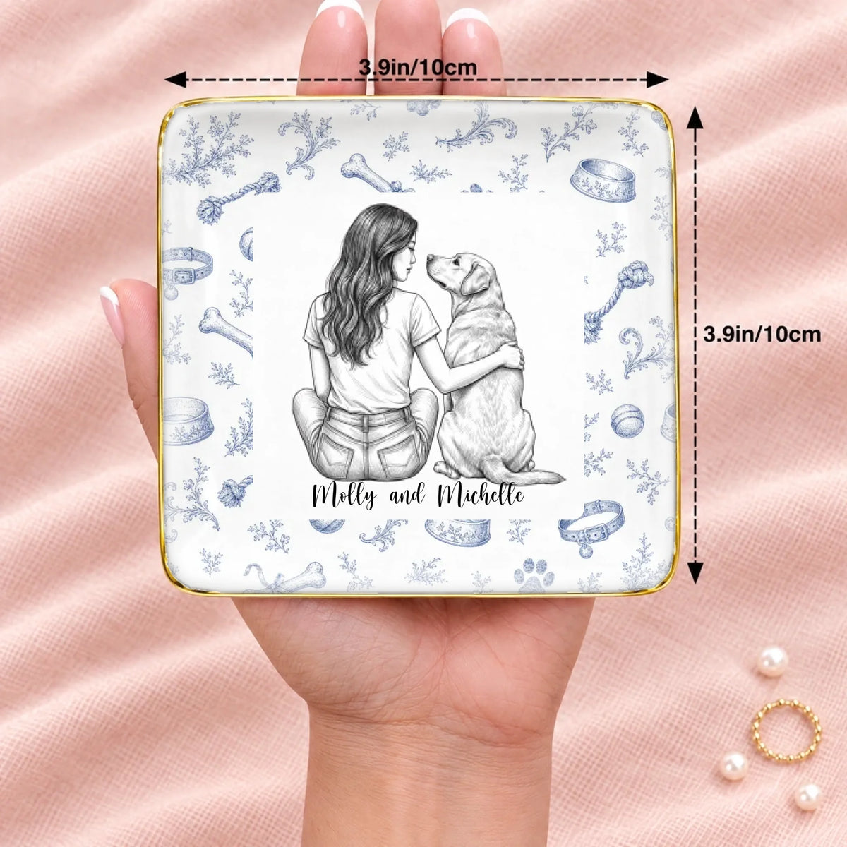 Vintage sketch person and pet square ring dish resting on an open hand, 3.9 inches across