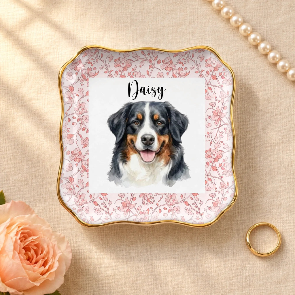Personalized floral watercolor pet portrait wavy square ceramic ring dish with gold rim