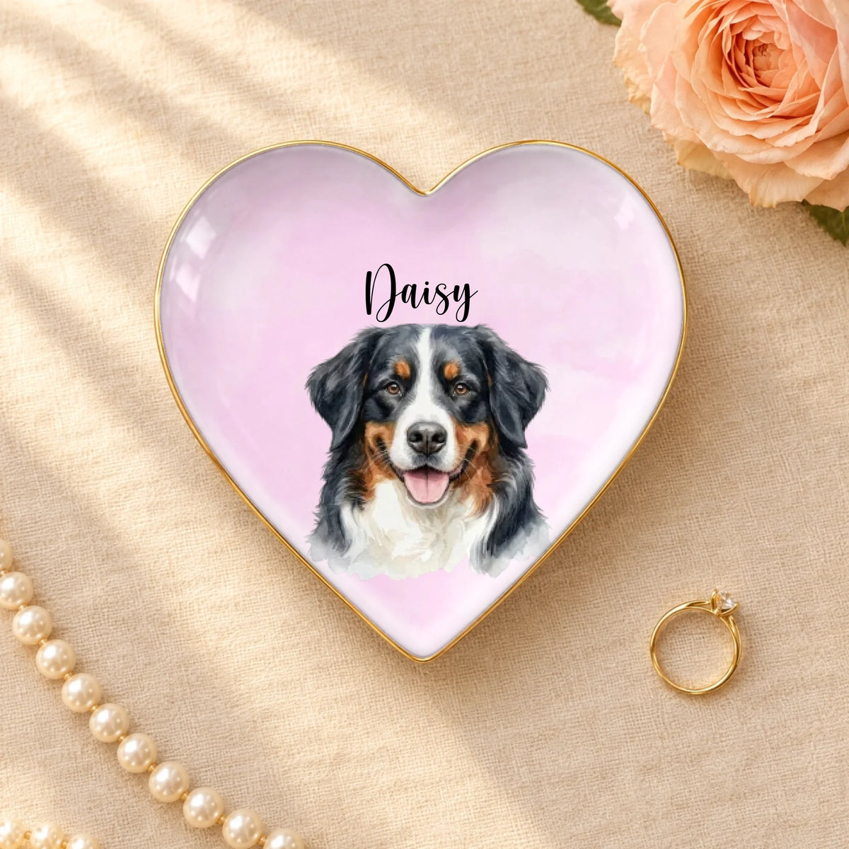 Personalized watercolor pet portrait heart ceramic ring dish with gold rim