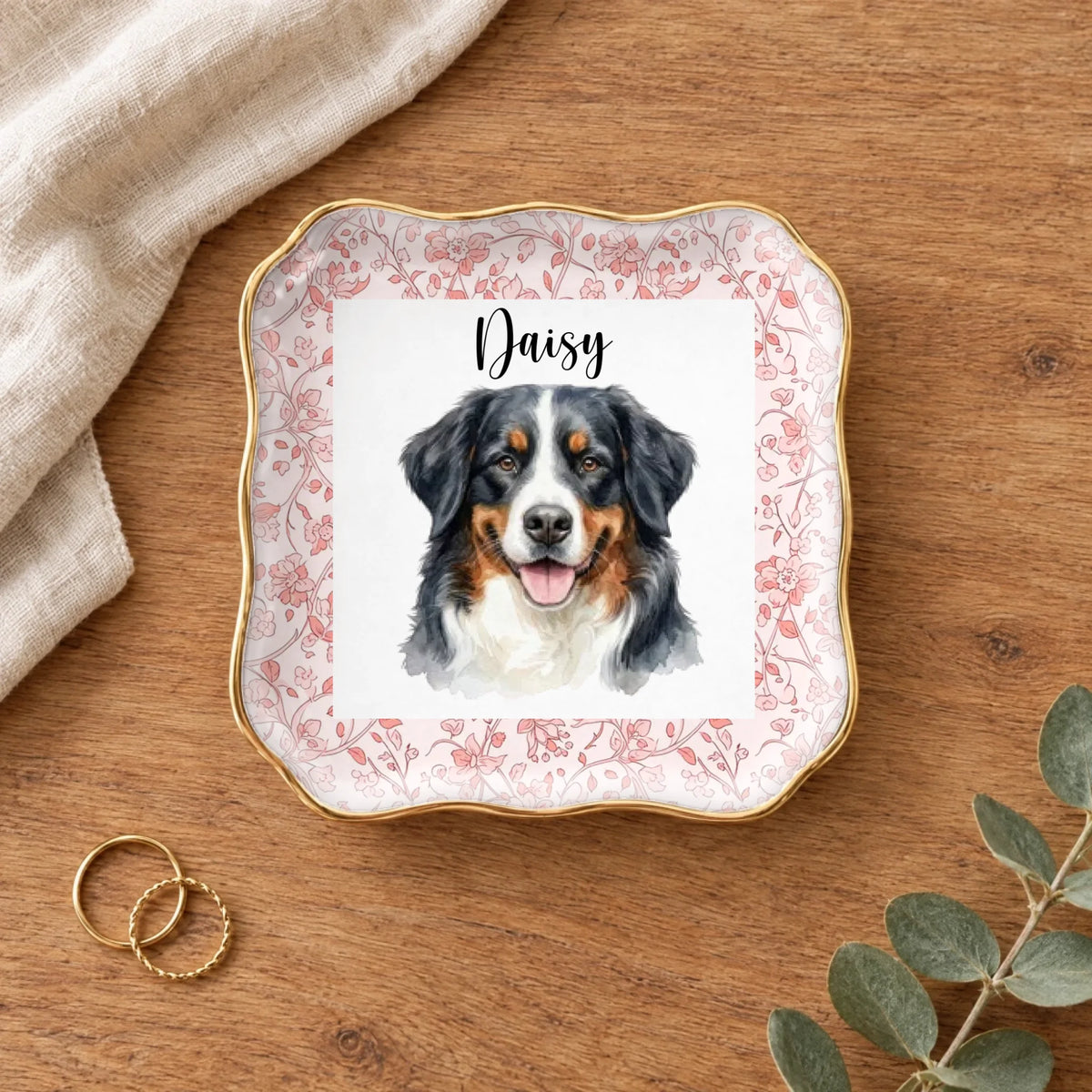 Personalized floral watercolor pet portrait wavy square ring dish on a wooden table with linen and eucalyptus