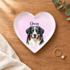 Personalized watercolor pet portrait heart ring dish on a wooden table with linen, eucalyptus and a pearl earring