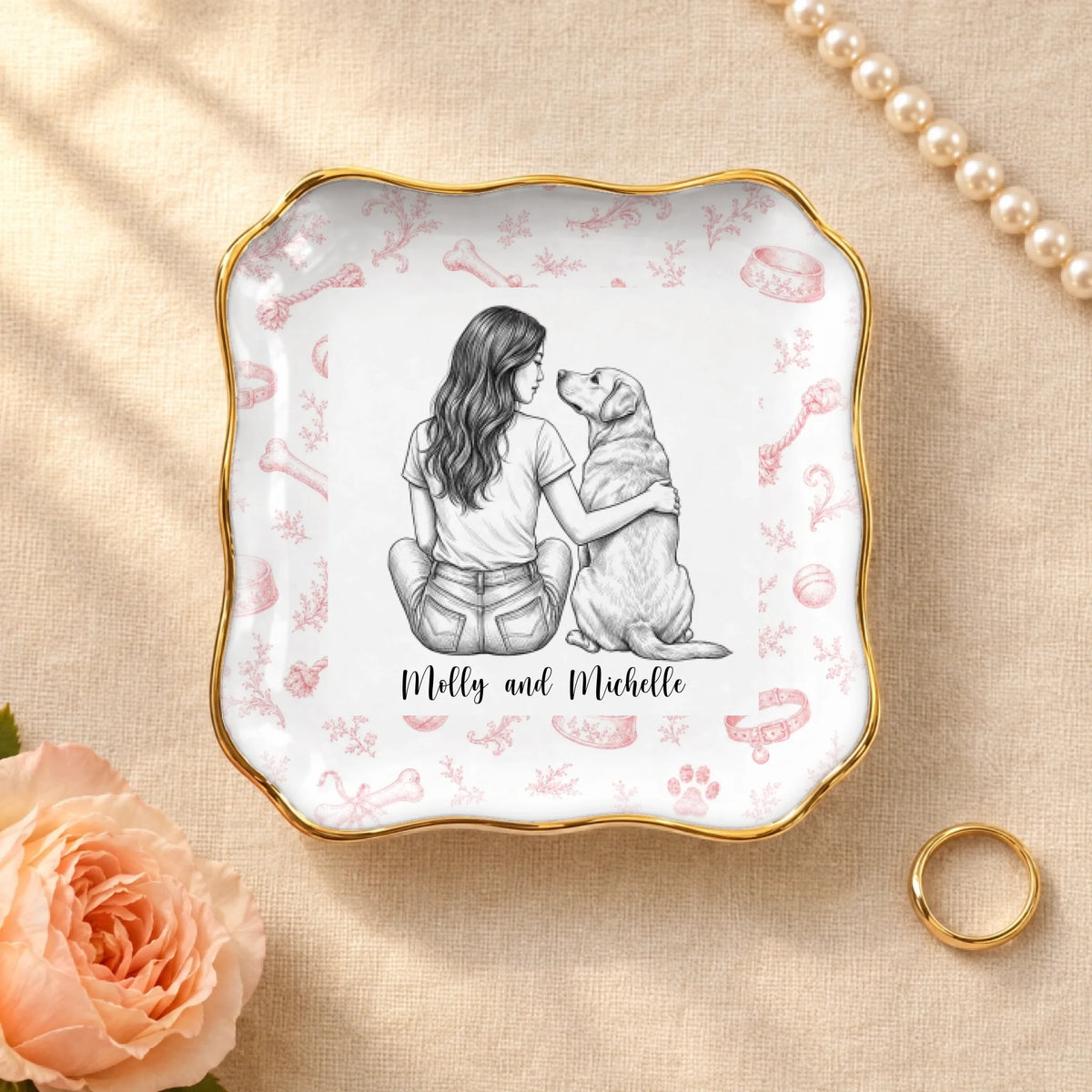 Personalized vintage sketch of a person and their dog on a wavy square ceramic ring dish with gold rim