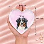 Hand holding a personalized pet portrait heart ring dish, 4.3 inches across