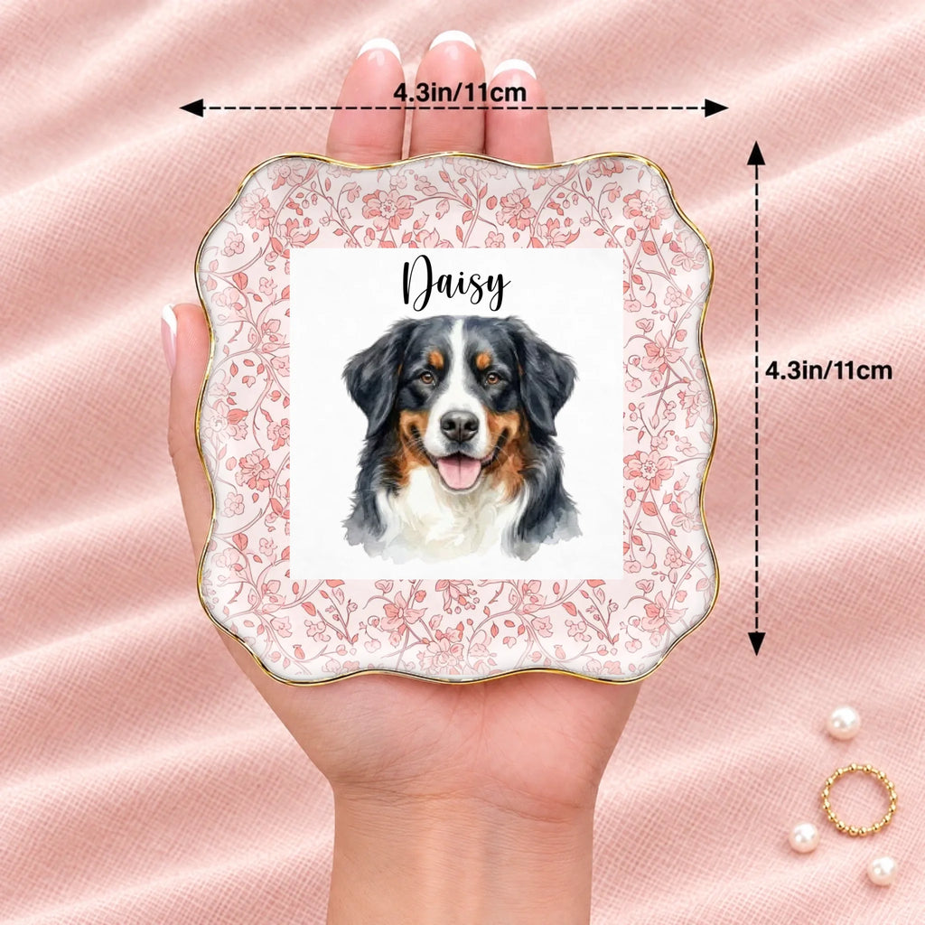 Hand holding a personalized floral pet portrait wavy square ring dish, 4.1 inches across