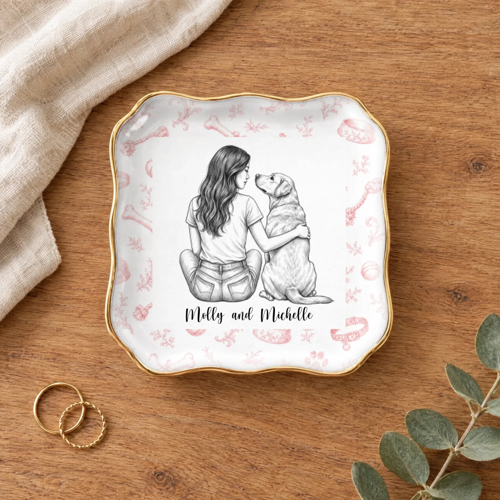 Vintage sketch person and pet wavy square ring dish on a wooden table with linen and eucalyptus