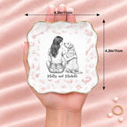 Hand holding a vintage sketch person and pet wavy square ring dish, 4.1 inches across