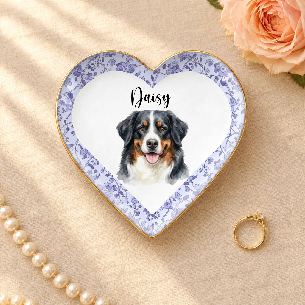 Personalized watercolor pet portrait heart ceramic ring dish with gold rim