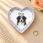 Personalized watercolor pet portrait heart ceramic ring dish with gold rim