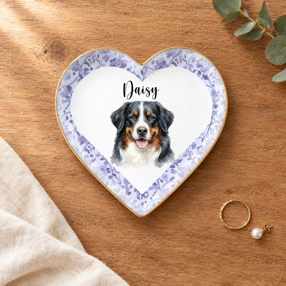 Personalized floral watercolor pet portrait heart ring dish on a wooden table with linen and eucalyptus