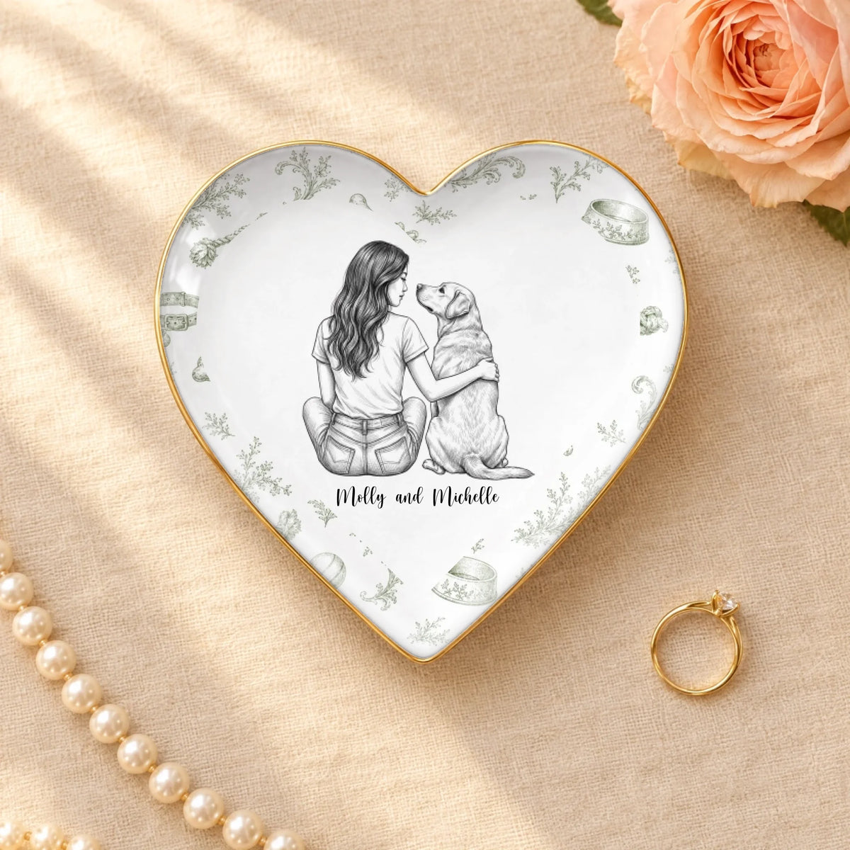 Personalized vintage sketch of a person and their dog on a heart ceramic ring dish with gold rim