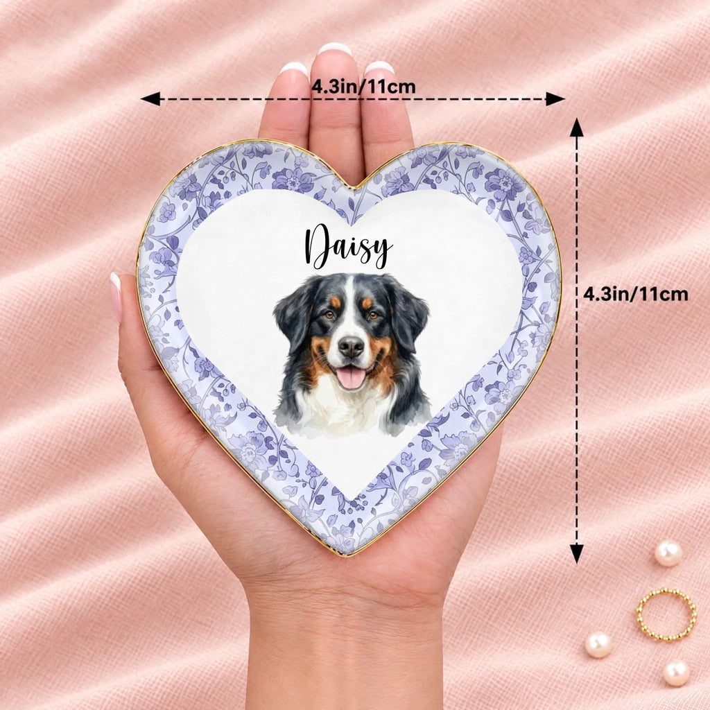 Hand holding a personalized floral pet portrait heart ring dish, 4.3 inches across